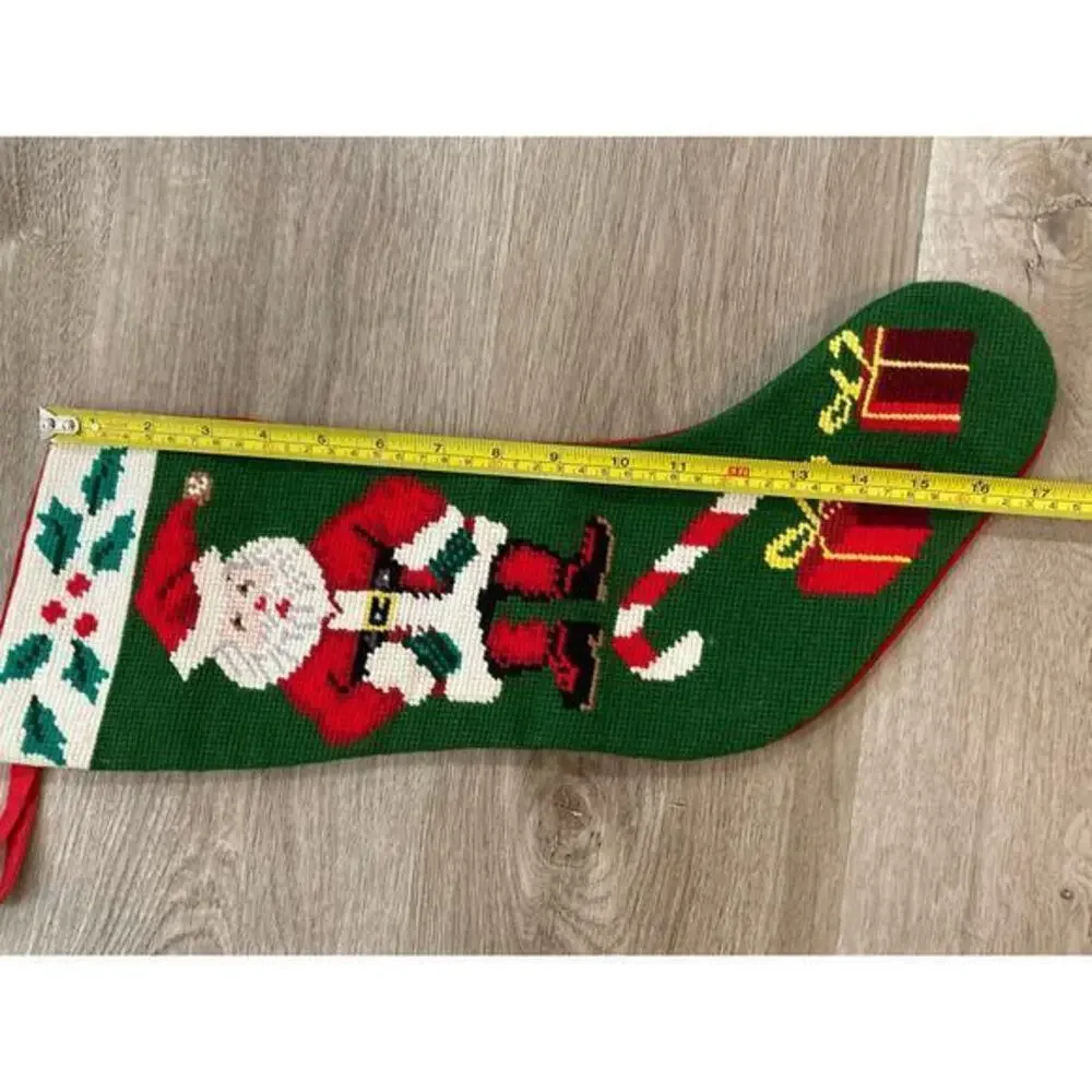 Vintage Needlepoint Santa Christmas Stocking Green Red 17